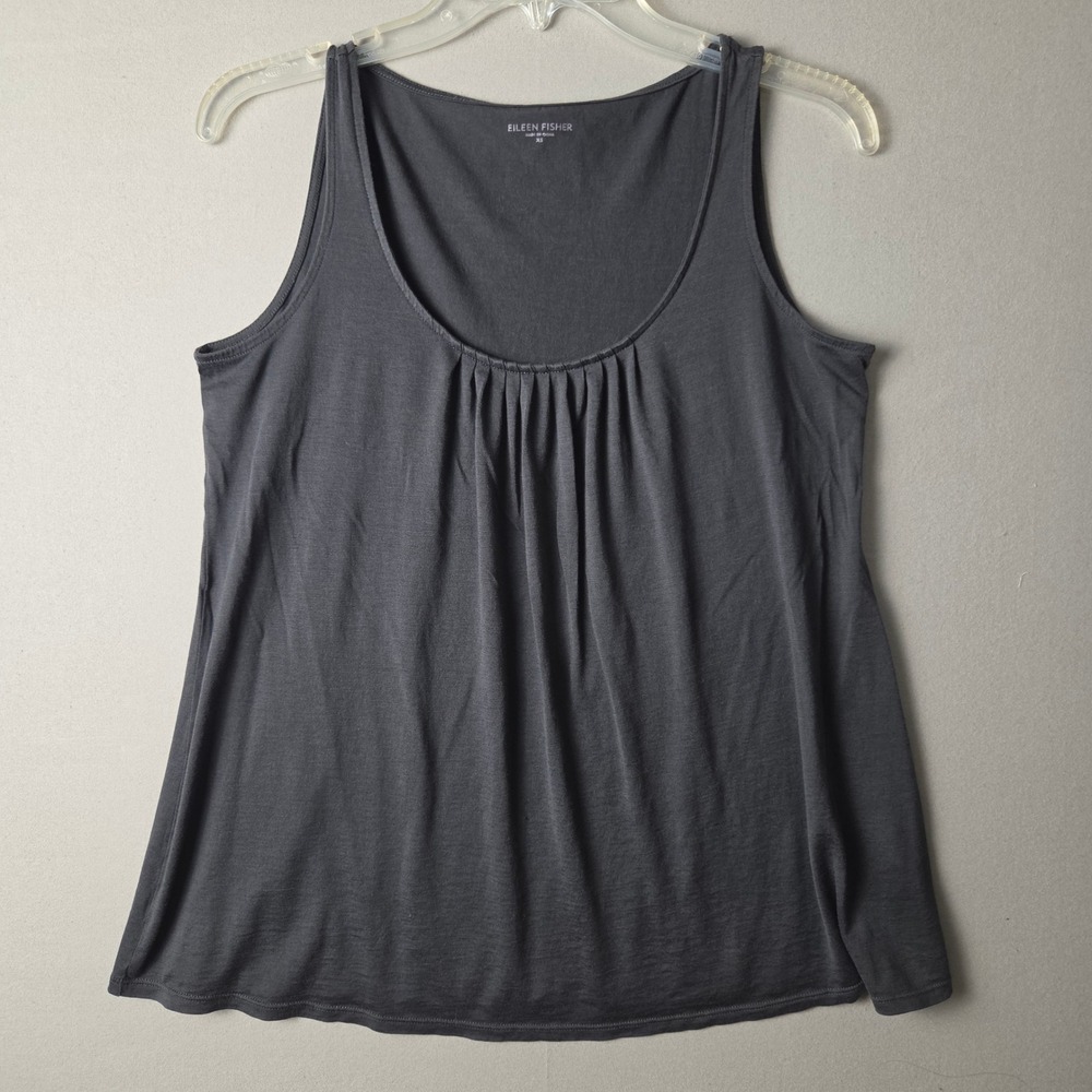 Eileen Fisher Womens XS Charcoal Gray 100% Silk Pleated Scoop Neck Tank Top